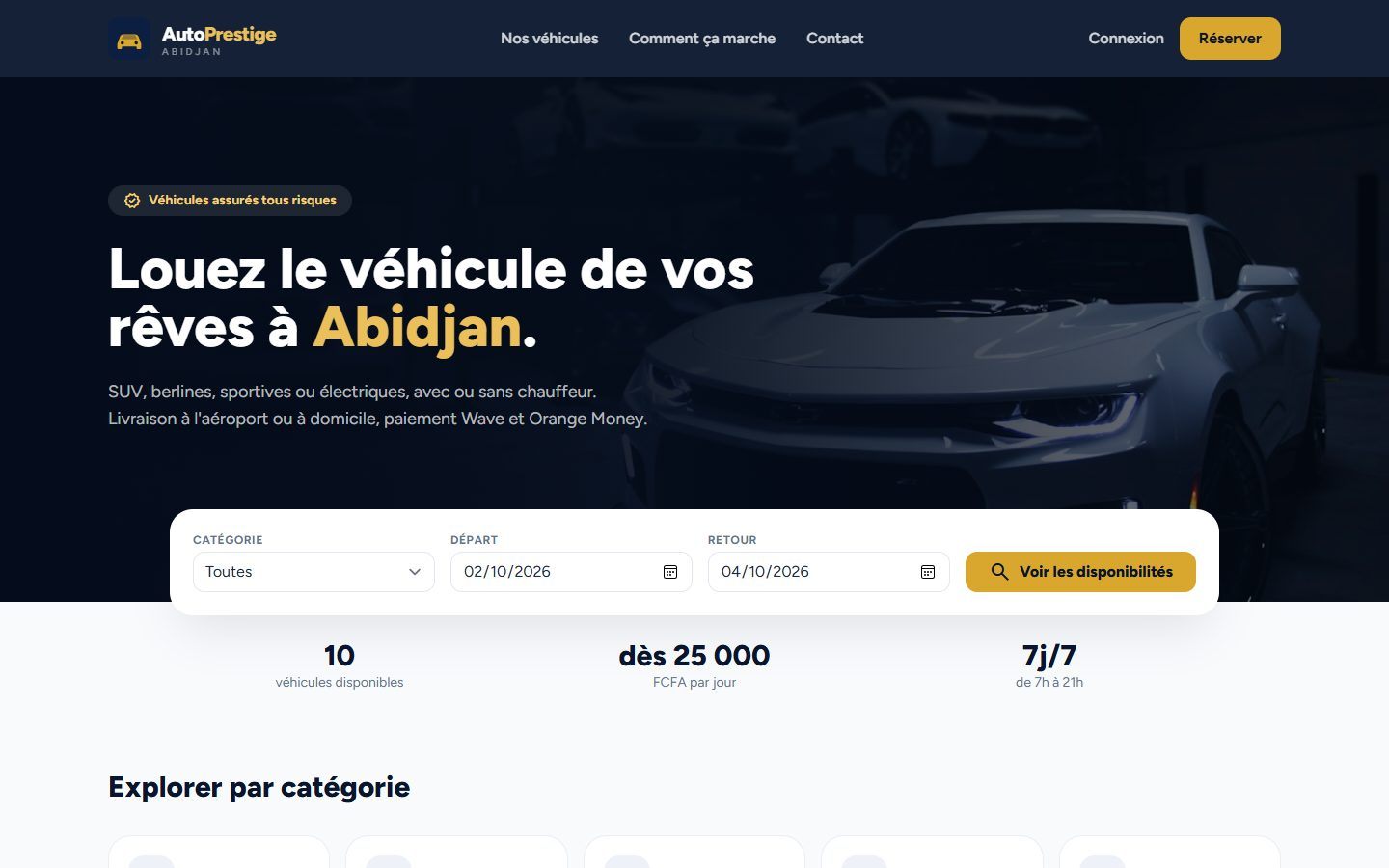 Page d'accueil d'AutoPrestige : recherche d'un véhicule disponible par dates