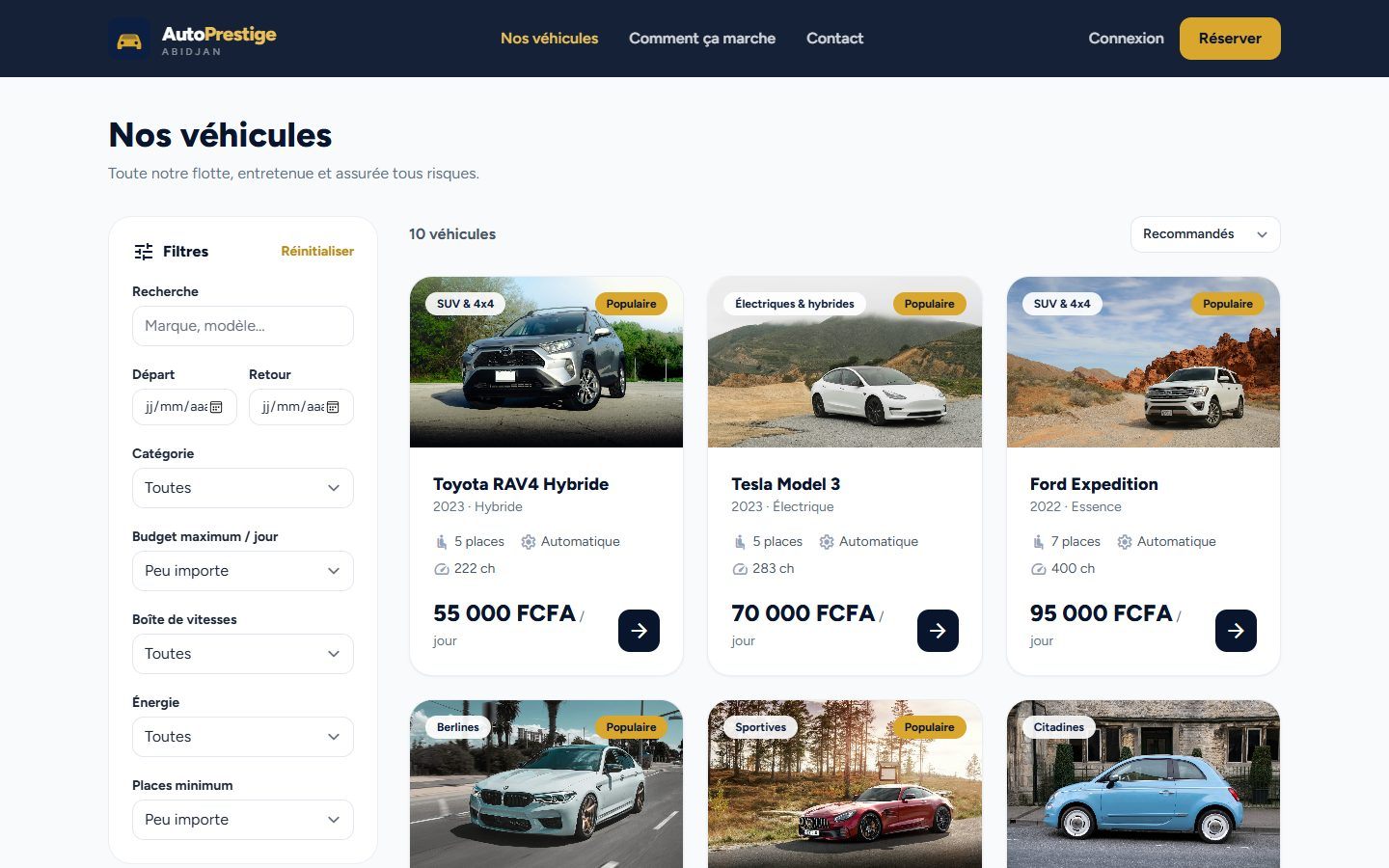 Catalogue des véhicules d'AutoPrestige avec filtres